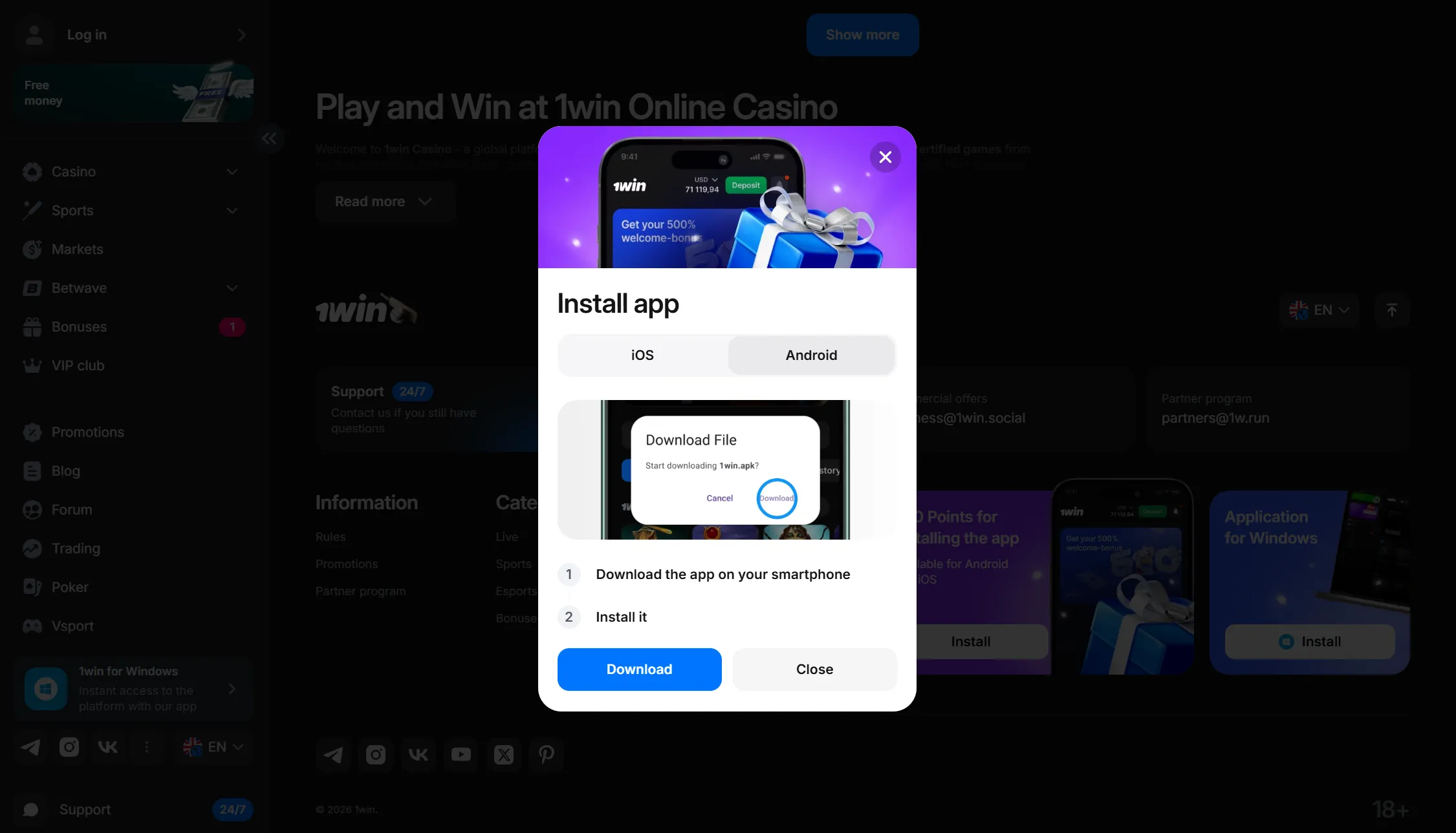 1Win login via mobile app on Android